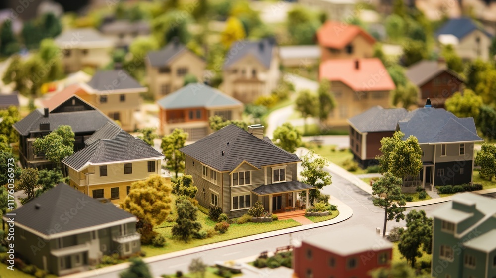 Miniature model of a suburban neighborhood with houses, streets, and trees. Miniature model of a suburban neighborhood with houses, streets, and trees.