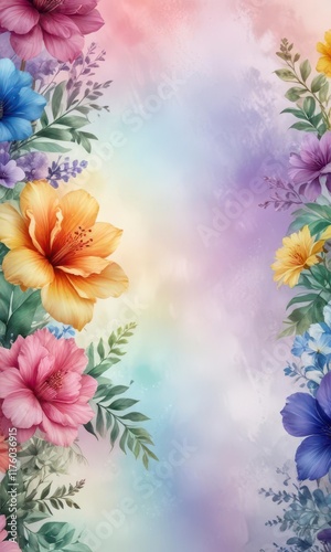 Gradient rainbow hues on a soft watercolor background with floral patterns,  floral,  pattern