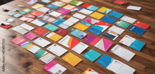 Colorful business cards scattered on a wooden desk,  cards,  workspace
