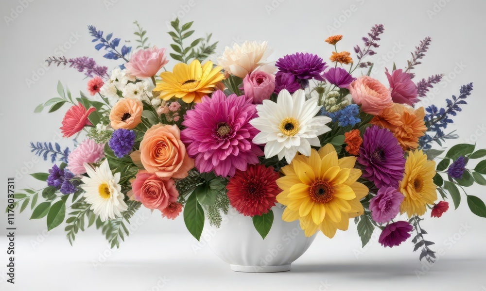 Fototapeta premium Colorful floral arrangement on white background, , petals