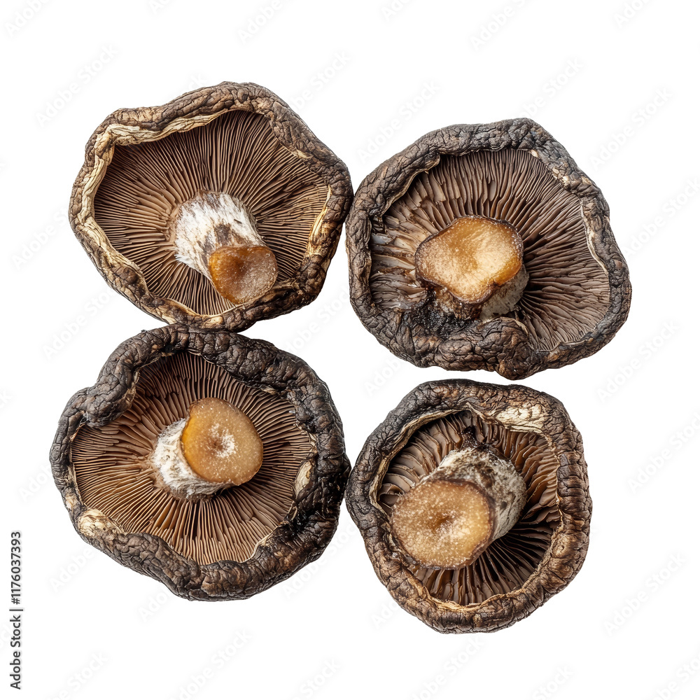 Dried shiitake mushrooms arranged on a transparent background showcasing texture and color for culinary uses, dried shiitake mushrooms on transparent background Dried shiitake mushrooms arranged on a transparent background showcasing texture and color for culinary uses, dried shiitake mushrooms on transparent background