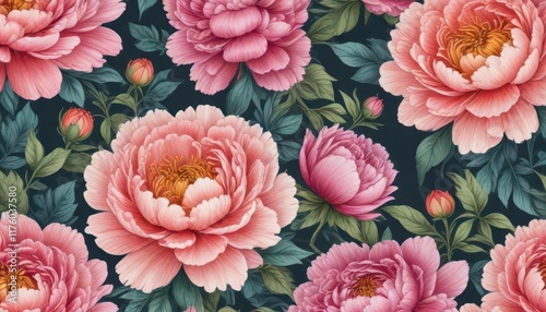 Colorful peony flowers hand-drawn illustration ,  garden,  hand drawn