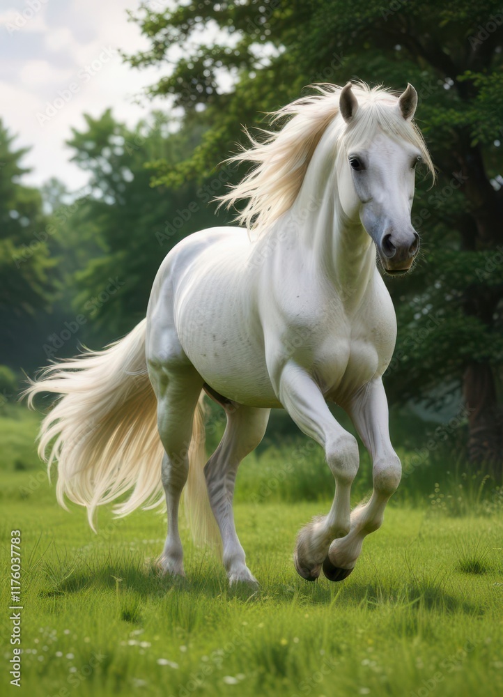 Majestic White Stallion with flowing mane and tail in a lush green meadow, animal, wonder Majestic White Stallion with flowing mane and tail in a lush green meadow, animal, wonder