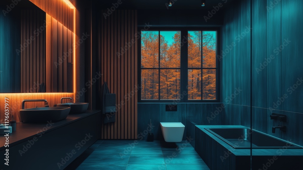 Fototapeta premium A sleek dark bathroom illuminated by warm lights, adorned with plants, and decorated with simple fixtures