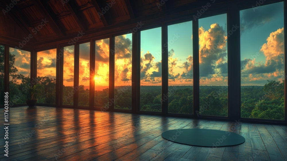 Fototapeta premium The expansive windows of the luxury home provide an exceptional view of the setting sun