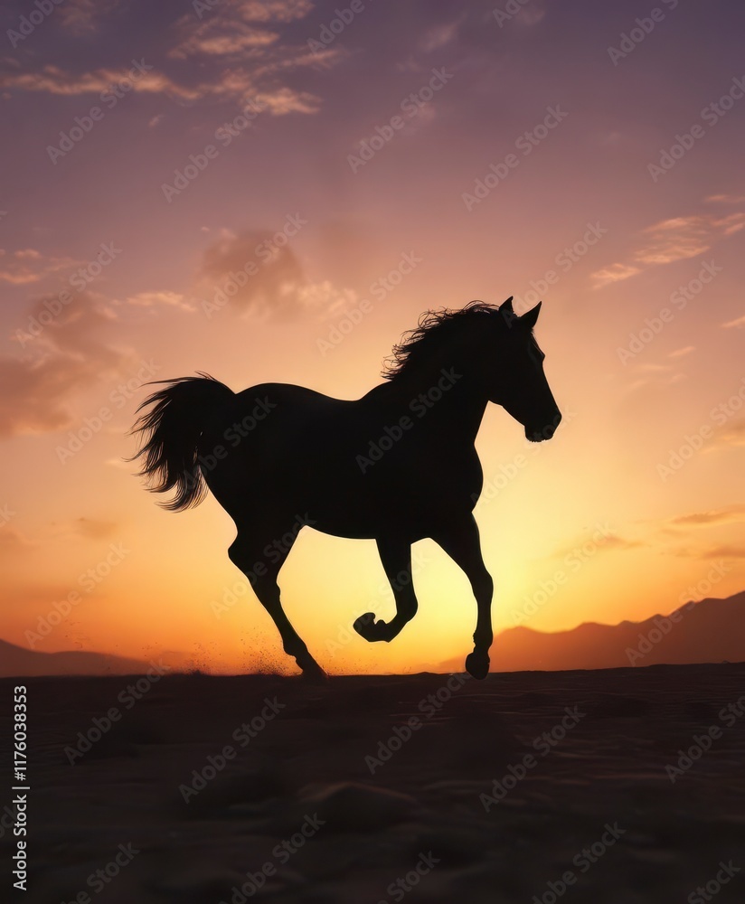 Dark horse silhouette running freely against sunset background, wildlife, sunsets Dark horse silhouette running freely against sunset background, wildlife, sunsets