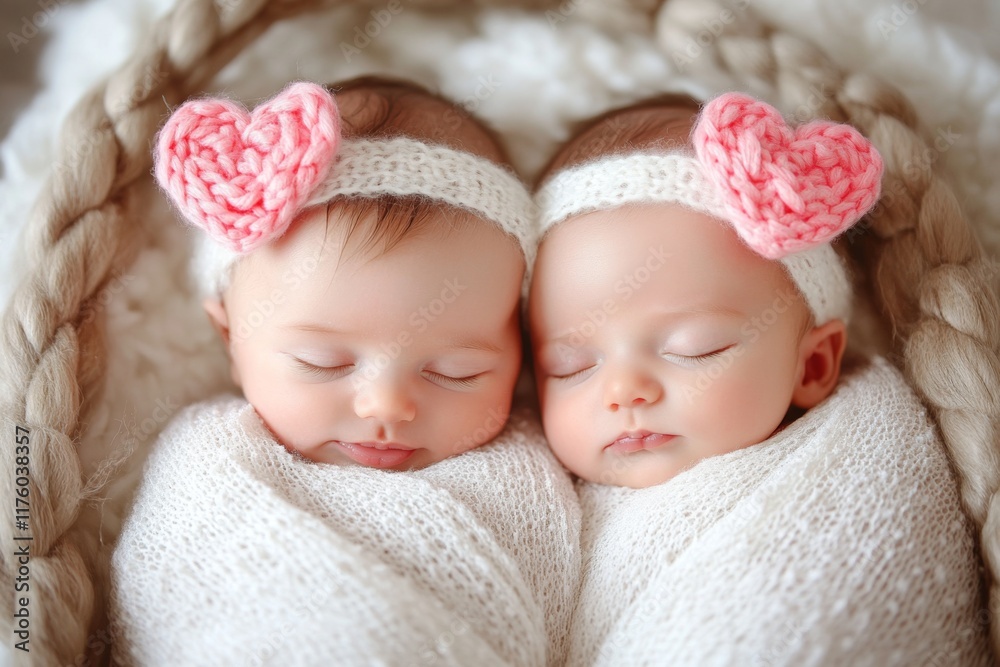 A close-up of twin babies with matching outfits, one smiling and the other curiously looking around A close-up of twin babies with matching outfits, one smiling and the other curiously looking around