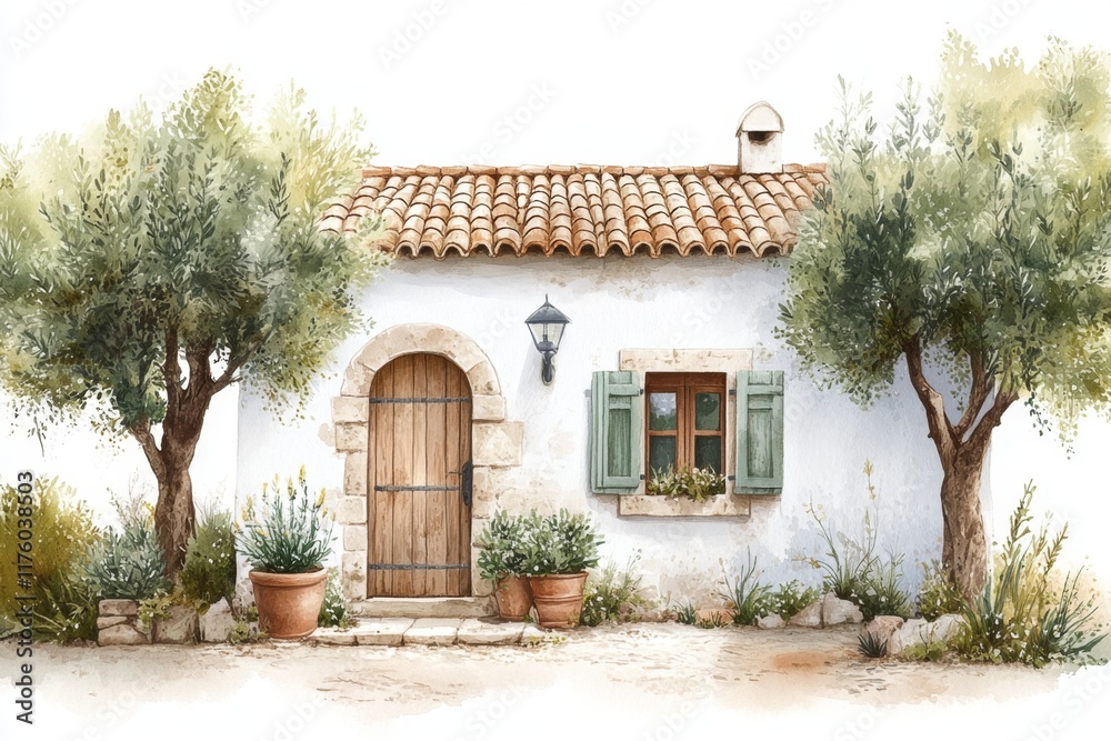 A colorful 2D drawing of a traditional Croatian stone house surrounded by olive trees, set against a clean white background A colorful 2D drawing of a traditional Croatian stone house surrounded by olive trees, set against a clean white background