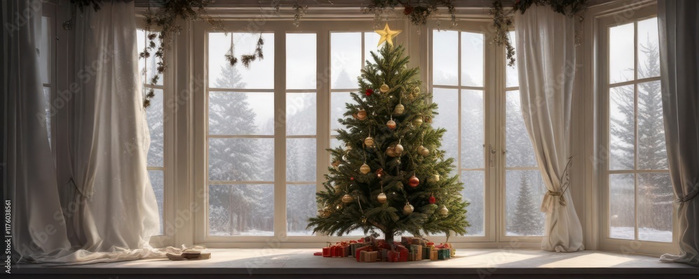 Decorated Christmas tree branches hanging from window , winter, decoration Decorated Christmas tree branches hanging from window , winter, decoration