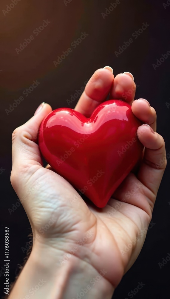 Fototapeta premium Close-up of a hand gently holding a vibrant red heart , gentle, valentine's day