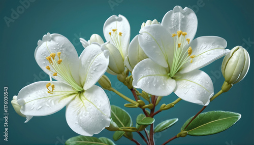 Beautiful white flowers with fresh petals and green leaves on a blue background