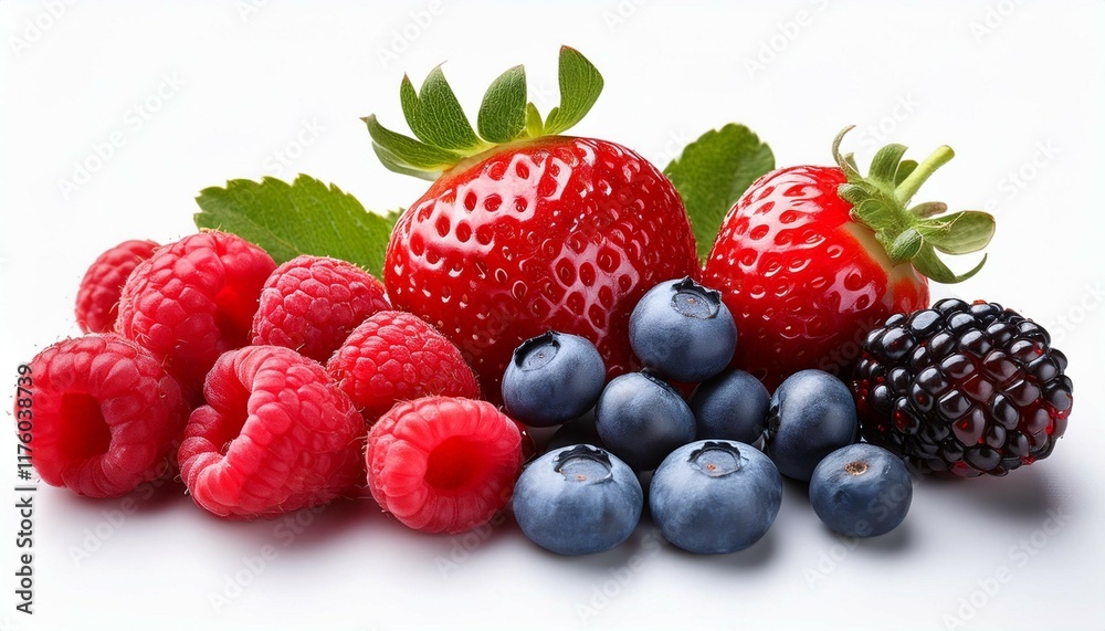 assorted berries including strawberries raspberries and blueberries isolated white background assorted berries including strawberries raspberries and blueberries isolated white background