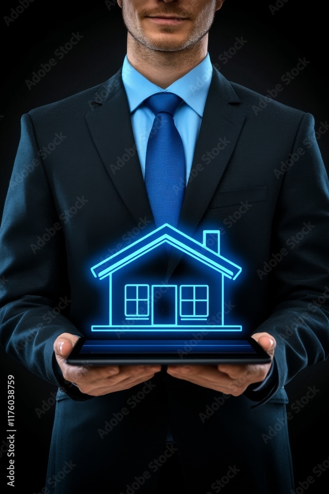 An individual uses a tablet to depict a digital model of a smart home, featuring multiple app icons An individual uses a tablet to depict a digital model of a smart home, featuring multiple app icons