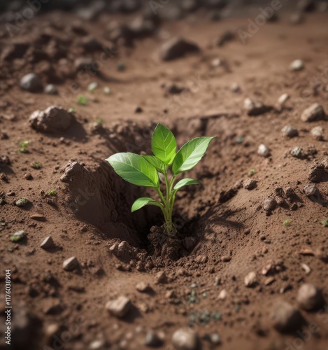 Delicate green shoot emerging from earthy soil,  flora,  morning light photo