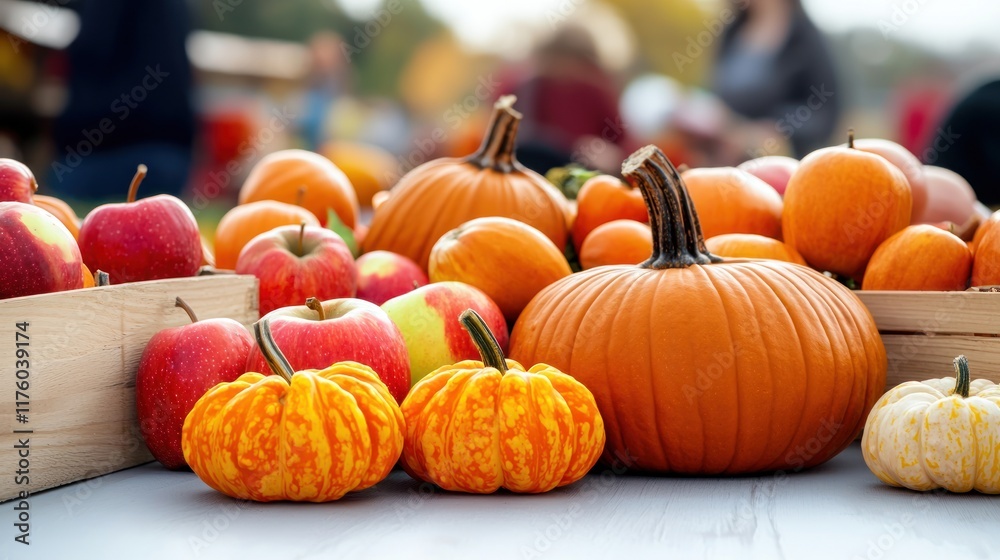 A colorful display of pumpkins and apples at a harvest market. A colorful display of pumpkins and apples at a harvest market.