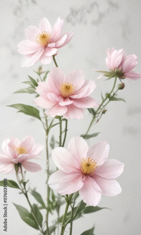 Delicate watercolor blooms on soft white background , foliage, garden Delicate watercolor blooms on soft white background , foliage, garden