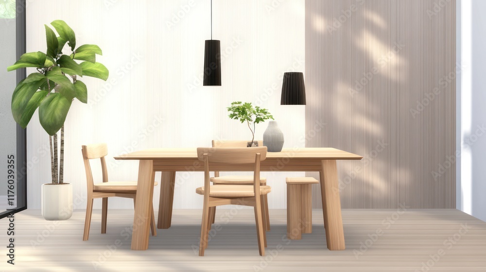 Fototapeta premium Modern dining area with a wooden table and plants.