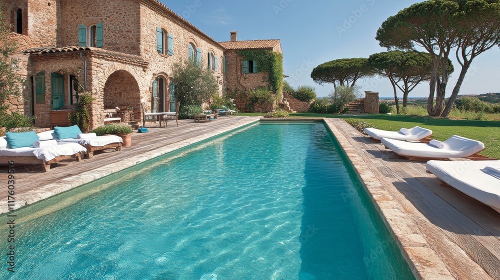 Fototapeta premium Villa of luxury with stone exteriors, a pool, and exquisite countryside views