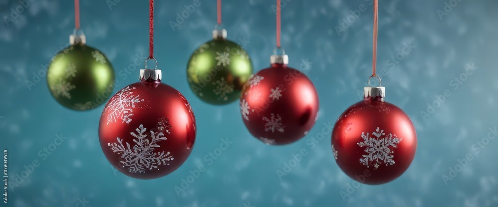 Fototapeta premium Red and green glass balls suspended from blue background with snowflakes, decorations, balls