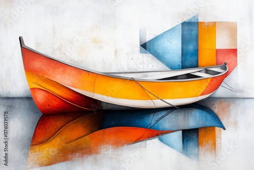 A flat 2D drawing of a Kuwaiti dhow boat docked in the marina, rendered with bright colors and simple lines