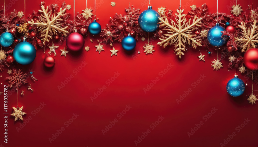 Festive decorations with red background featuring blue and gold ornaments and snowflakes for holiday celebrations Festive decorations with red background featuring blue and gold ornaments and snowflakes for holiday celebrations