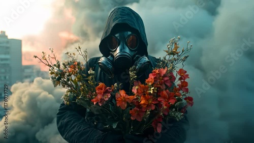 Man in gas mask with flowers amidst dense smoke, symbolizing survival in ecological disaster, survivor after nuclear or chemical war. Post apocalyptic world