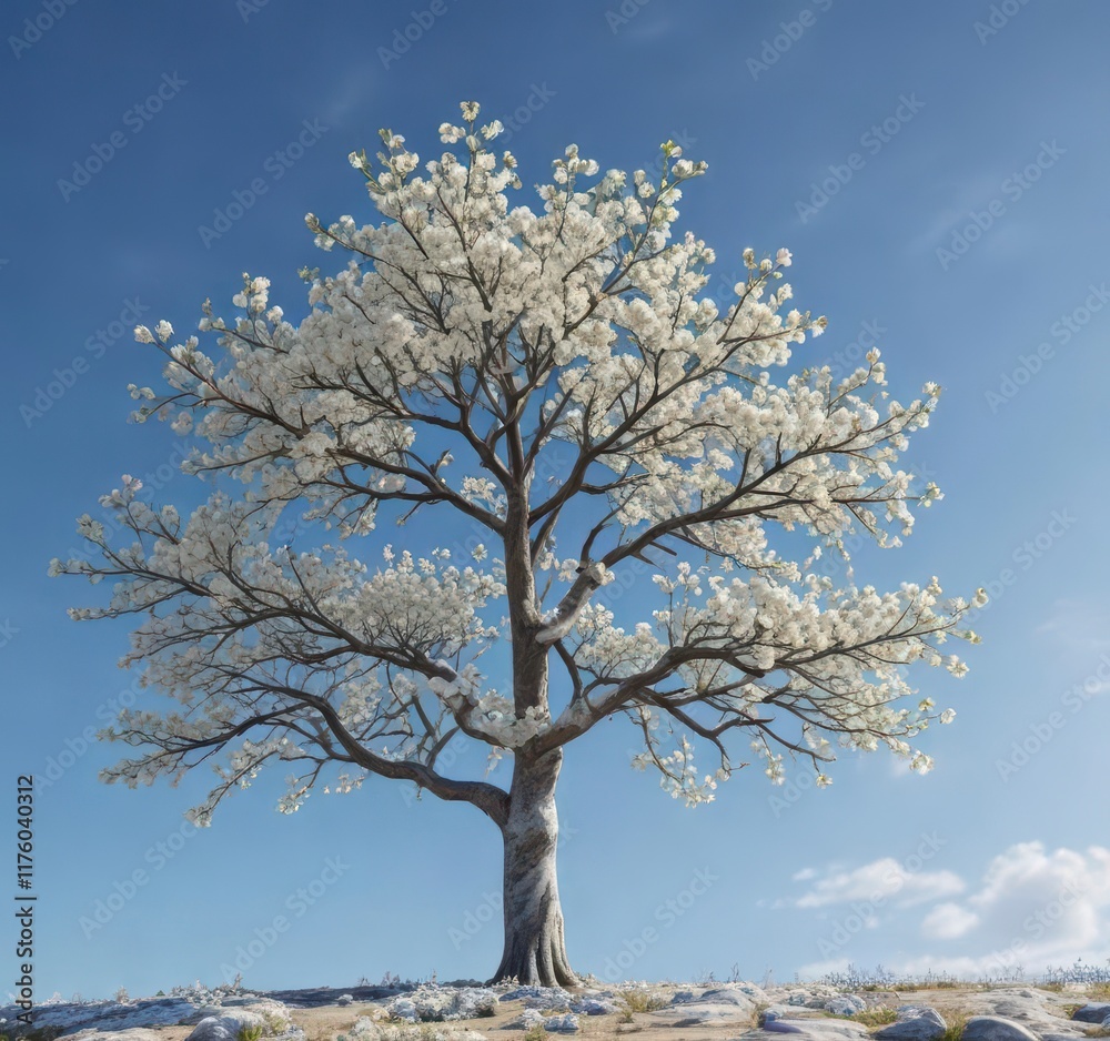 Single white-petaled tree against clear blue sky, foliage, sky Single white-petaled tree against clear blue sky, foliage, sky