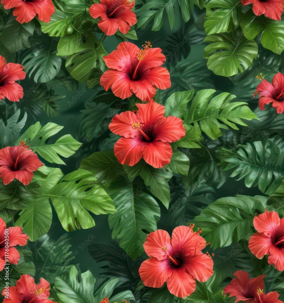 custom made wallpaper toronto digitalExotic hibiscus flowers on a tropical leaf green background,  bloom flower,  botanical