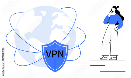 Woman pondering beside VPN shield resembling online security. Globe with orbital lines suggests global digital network. Ideal for cyber security, privacy, internet safety, technology, global