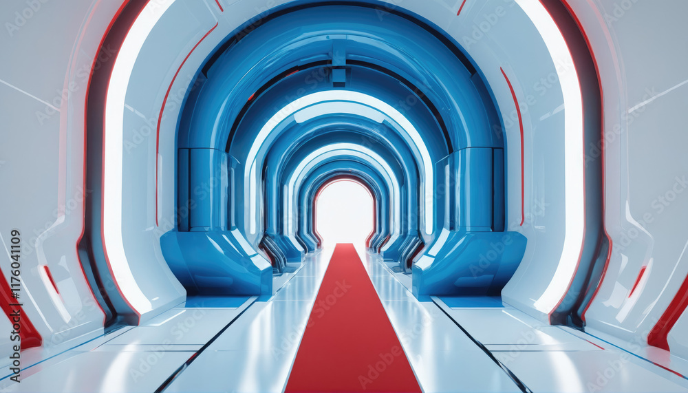 Fototapeta premium Modern futuristic corridor with bright lighting and red carpet leading to a glowing exit