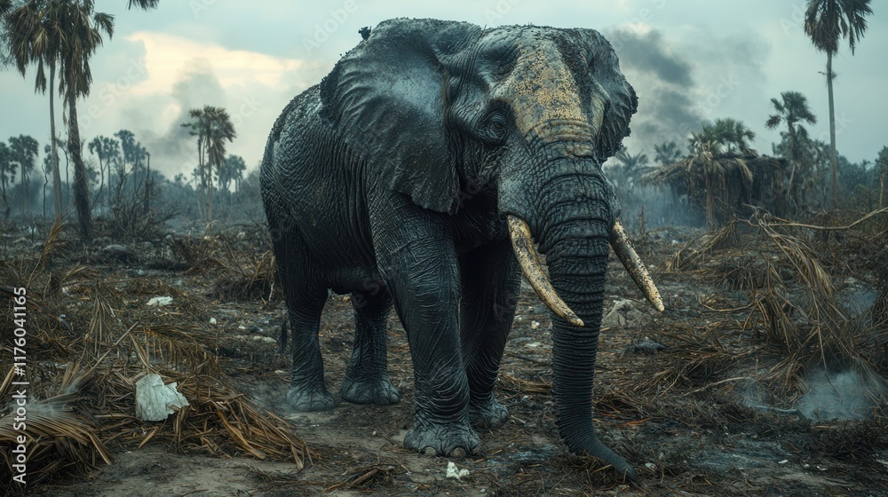 Fototapeta premium Mud-covered elephant in a burning forest.
