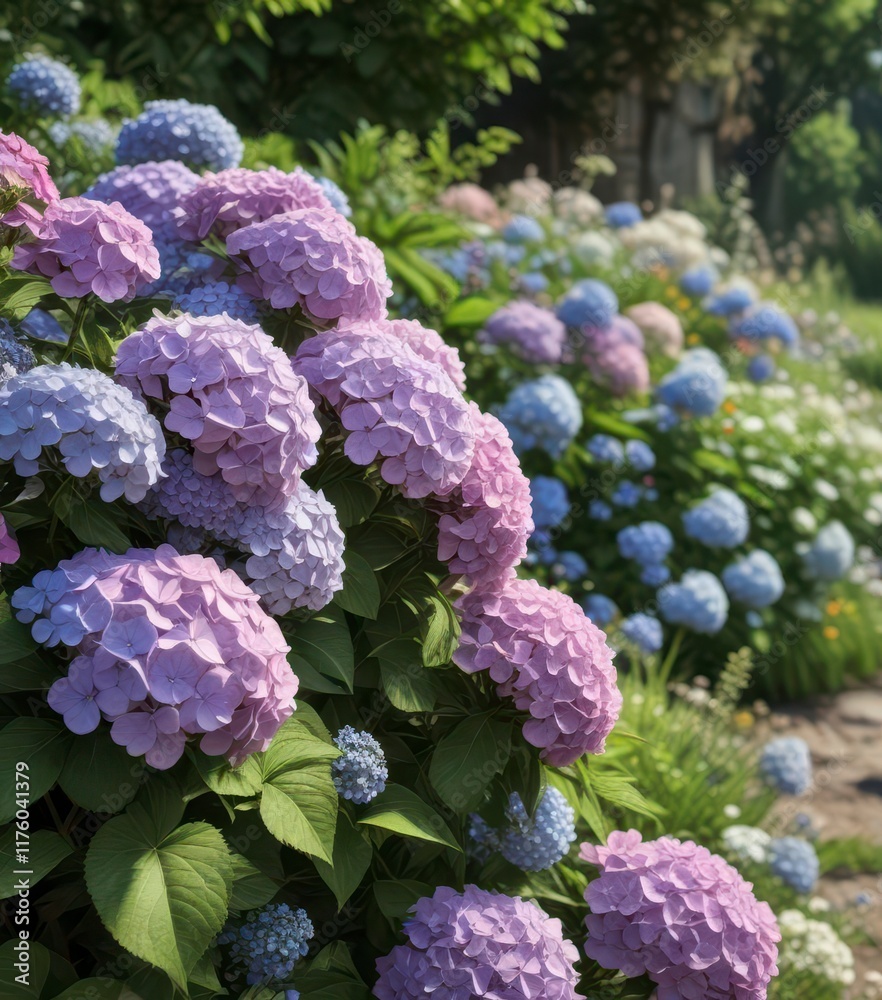 Garden hydrangeas and wildflowers in full bloom, bloom, floral wreath Garden hydrangeas and wildflowers in full bloom, bloom, floral wreath
