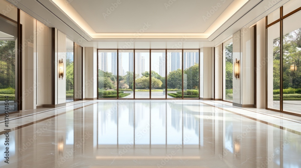 Fototapeta premium Spacious modern interior with large windows and polished floors.