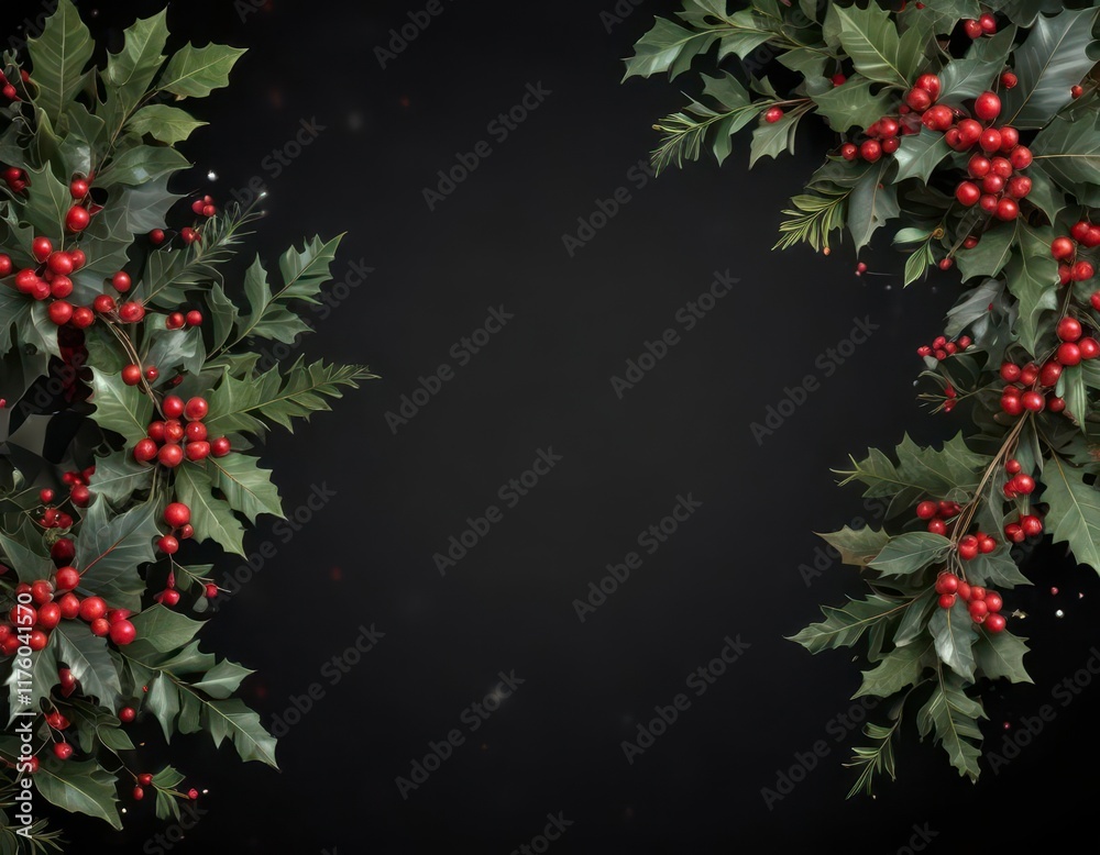 Fototapeta premium Swirl ribbons and stars on a black background with festive holly leaves and berries, black ribbons, christmas decorations