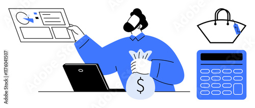 Man holds money bag while analyzing chart on screen, laptop in front, calculator and shopping bag beside. Ideal for budgeting, finance tracking, online shopping, e-commerce, accounting, planning