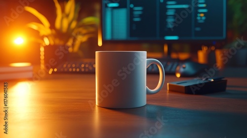 Coffee Mug Mockup on Cybersecurity Workspace. Generative AI photo