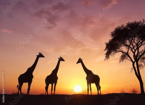 Giraffes in the distance, silhouettes against sunset hues,  animals,  savannah photo