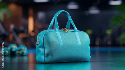 Modern Turquoise Gym Bag Mockup in Fitness Studio. Generative AI photo