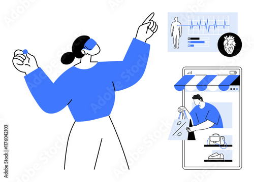 Woman using augmented reality glasses, interacting with health data and online shopping. Ideal for tech innovation, healthcare, retail, virtual reality, user experience, digital transformation