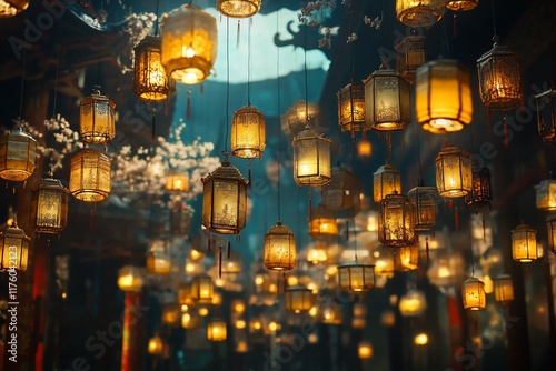 A serene scene filled with glowing lanterns, creating a warm, inviting atmosphere. photo