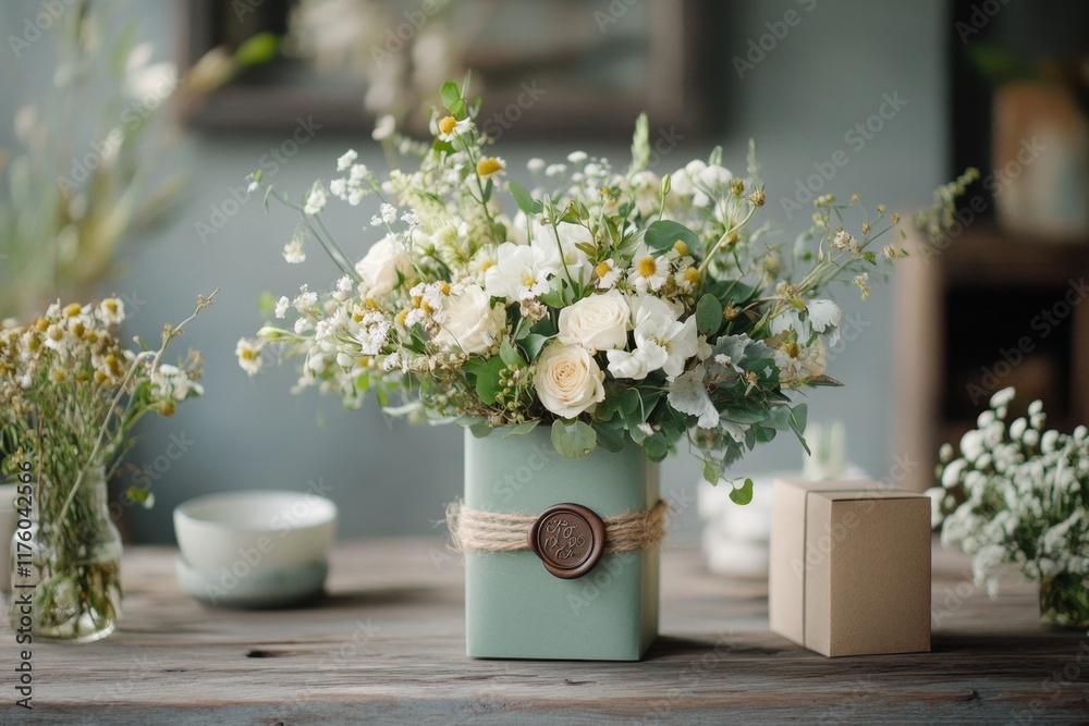 Obraz premium A rustic wedding invitation printed on kraft paper, tied with twine and a wax seal