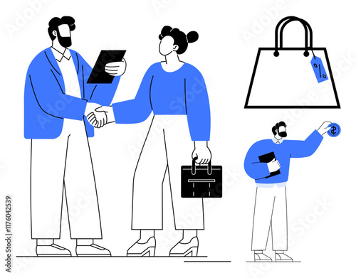 Businesspeople shaking hands, holding a briefcase and clipboard, accompanying a large shopping bag with a price tag, and a man holding a coin bundle. Ideal for business, finance, partnership