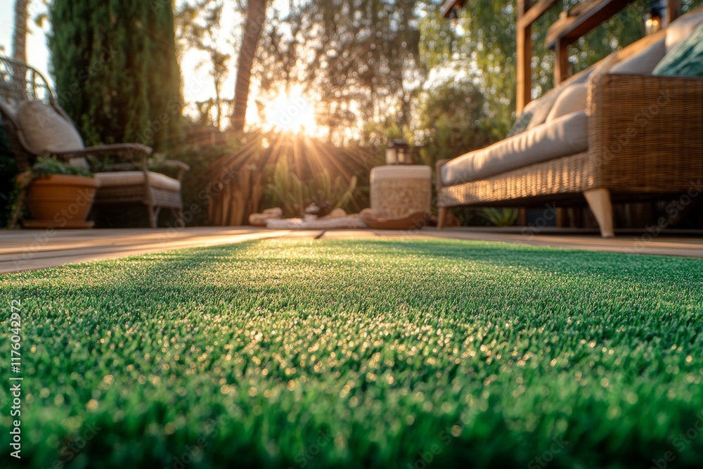 Obraz premium Garten- und Terrassegestaltung im modernen Trend mit einer Mischung aus Pflastersteinen, Betonsteinen, Holz und Kunstrasen