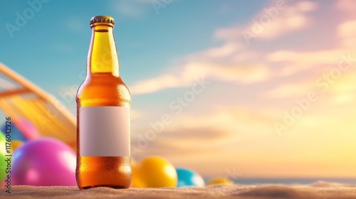 Beer Bottle Mockup on Summer Beach. Generative AI photo