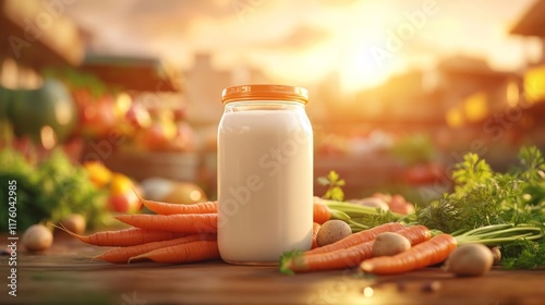 Farmers Market Milk Jar with Fresh Vegetables. Generative AI photo