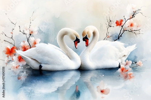 Fototapeta Naklejka Na Ścianę i Meble -  A soft watercolor painting of two swans floating on a calm lake, blending delicate blues and whites