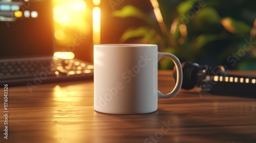 White Mug on a Wooden Desk with Warm Light. Generative AI photo