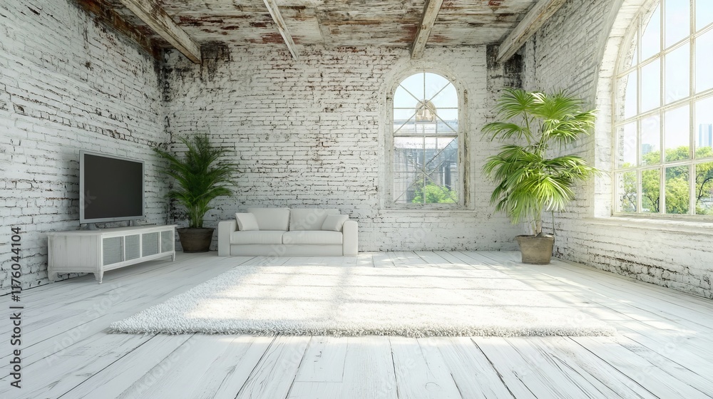The modern living space is complemented by a sectional sofa, a television, and a rug The modern living space is complemented by a sectional sofa, a television, and a rug
