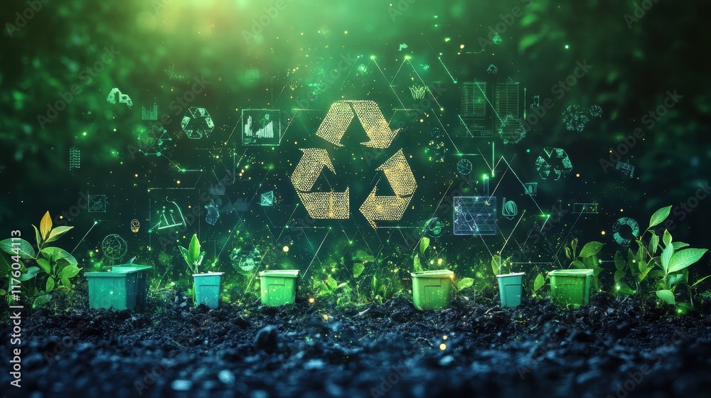 Obraz premium Eco-Friendly ESG and Circular Economy Design with Minimalistic Waste Reduction Icons on Gradient Green Background