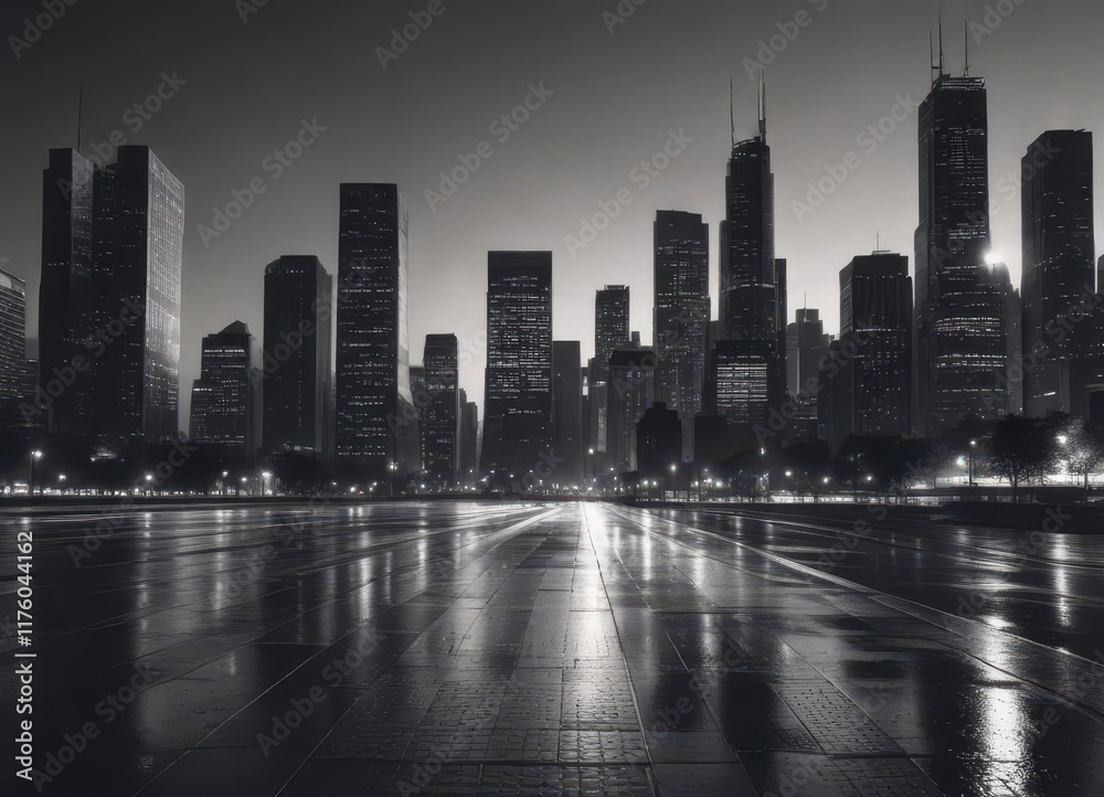 Fototapeta premium High-contrast halftone raster print of a cityscape at dusk, cityscape, high contrast